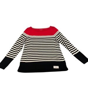 Talbots Petite Striped Boat Neck Long Sleeve Cotton Sweater Red Gray Black Cream